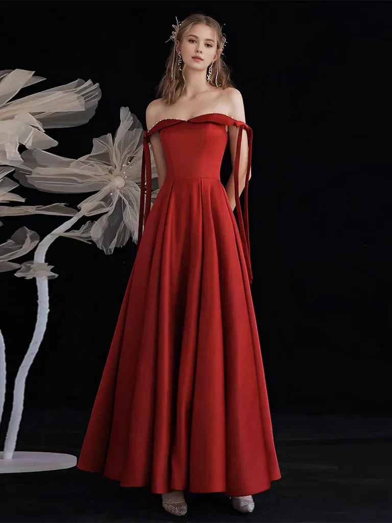 Wholesale A-Line Off Shoulder Satin Burgundy Long Prom Dress Burgundy Long Formal Dress gowns evening dresses